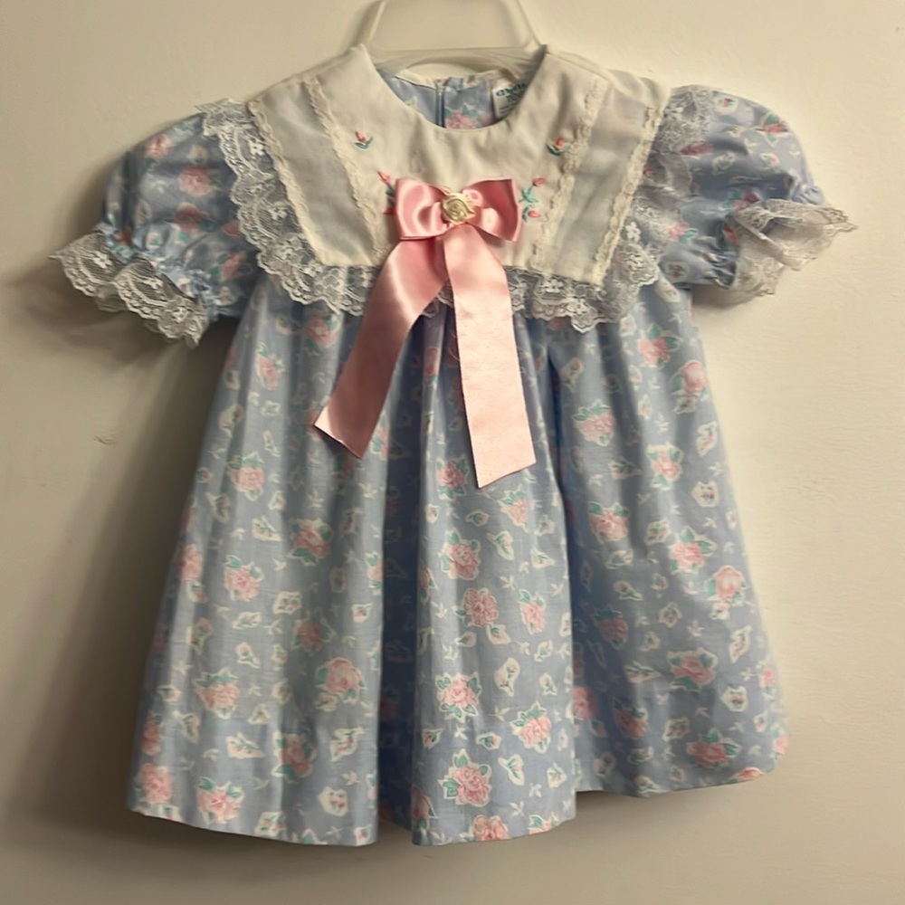 Vintage Cottagecore 2T Girl Dress Pink Floral Short Sleeve Lace Feminine 90s
